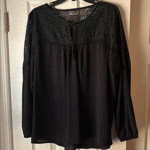 Black Lace Yoke Long-Sleeve Blouse - Women Tops xl